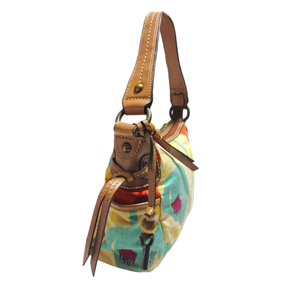 Fossil Colorful Floral Canvas Leather Boho Style Bag Handbag Purse Satchel